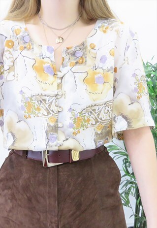 PRETTY 80S VINTAGE CREAM & YELLOW FLORAL BLOUSE