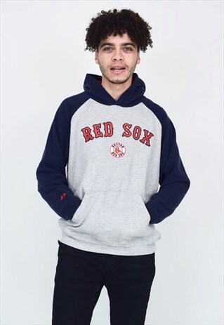 VINTAGE 90'S RED SOX GREY & NAVY HOODIE WITH POCKET