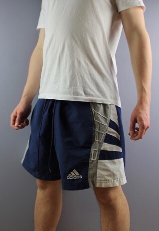 VINTAGE ADIDAS SHORTS IN NAVY WITH POCKETS, EMBROIDERED LOGO