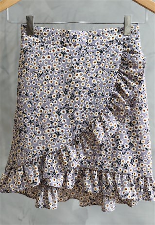 LILAC AND WHITE FLORAL RUFFLE MINI SKIRT