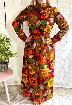 Vintage Orange Floral High Neck Belted 70's House Coat Dress