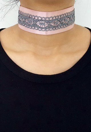 FESTIVAL SATIN -PINK & METALLIC LACE DETAILED CHOKER -SILVER