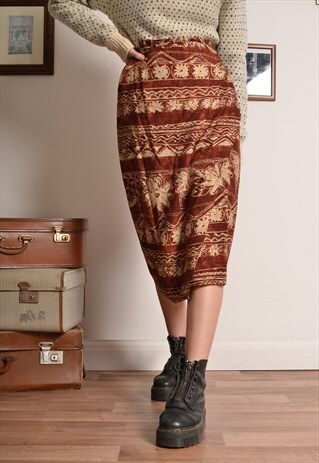 VINTAGE 80S TRIBAL PATTERN WRAP MIDI SKIRT IN AUTUMN COLOURS