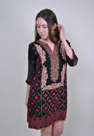 VINTAGE ETHNO DRESS, 80S ARABIC BOHO SHORT MINI DRESS