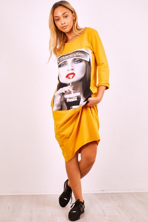 mustard coca cola girl printed t-shirt dress