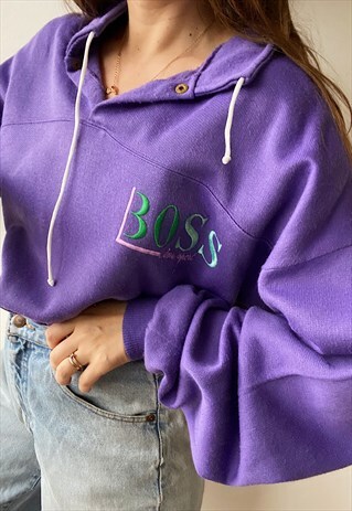 VINTAGE 80S BOSS SLOGAN LOGO PRINT SWEATSHIRT JUMPER PURPLE
