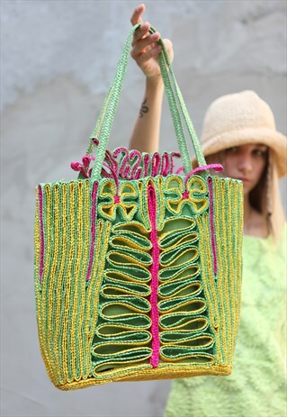 VINTAGE 90'S SISAL TOTE BAG IN GREEN