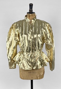 80's Gold Ladies Lame Oversized Blouse With Peplum Detail