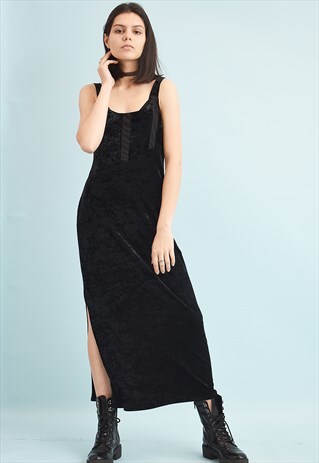 80'S RETRO VELVET GRUNGE SIDE SPLIT MAXI DRESS