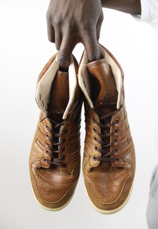 VINTAGE ADIDAS BROWN LEATHER HIGH-TOP TRAINERS