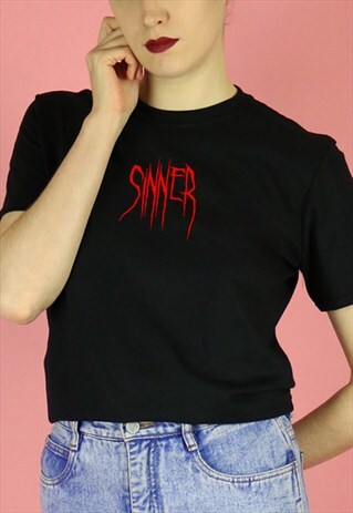 SINNER GRAPHIC PRINT SLOGAN T-SHIRT SHIRT RED ON BLACK TOP