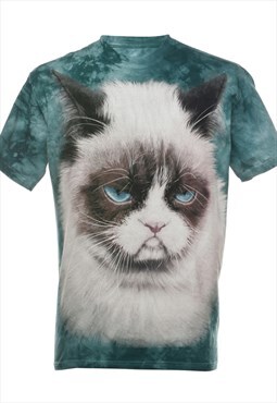 Vintage Teal Cat Tie Dye Animal T-shirt - M