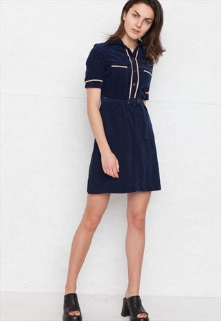 VINTAGE BLUE ROVATEX SHORT SLEEVE MINI CORDUROY DRESS