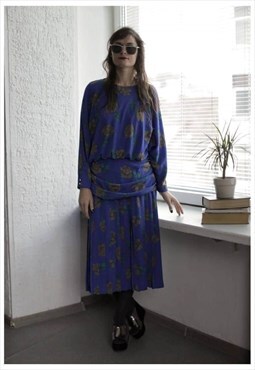 Vintage 60's Midi Royal Blue Flower Print Pleated Dress