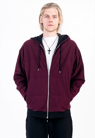 ZIPPED AND QUILTED DESIGN HOODIE IN OXBLOOD