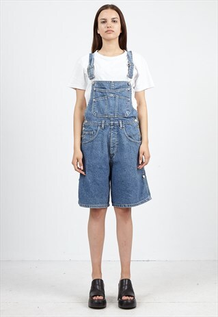 VINTAGE BLUE EX JEANS DENIM PLAYSUIT DUNGAREES SHORTS