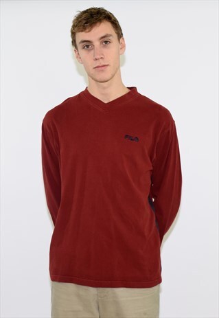 VINTAGE RED FILA LONG SLEEVE V NECK T SHIRT