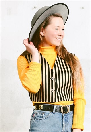 VINTAGE 90S TAILORED CROP VEST IN BLACK AND BEIGE STRIPES