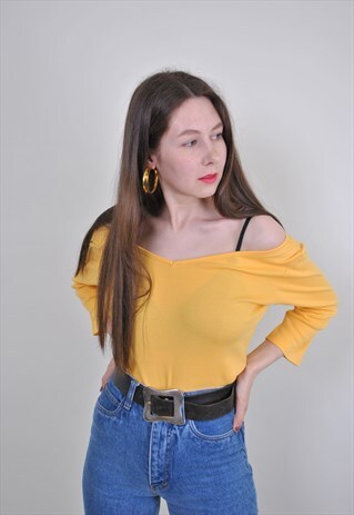 V NECK YELLOW BLOUSE, VINTAGE MINIMALIST LONGSLEEVE SHIRT