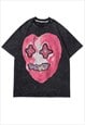 Heart print t-shirt Y2K tee ghosts skater retro top black