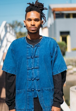 80S 90S CHINESE ROUND COLLAR DENIM SHIRT JACKET LARGE