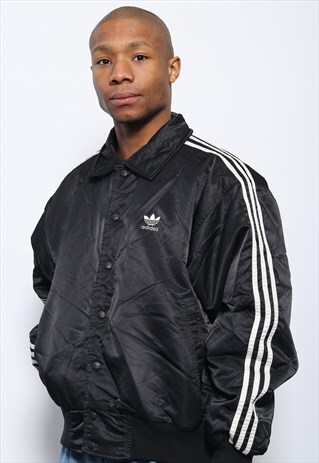 VINTAGE ADIDAS BIG LOGO COLLARED BUTTON UP JACKET BLACK