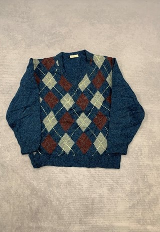 VINTAGE KNITTED JUMPER ARGYLE PATTERNED KNIT SWEATER