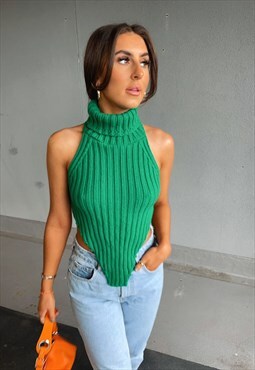 Green Knit Backless Dipped Hem Top