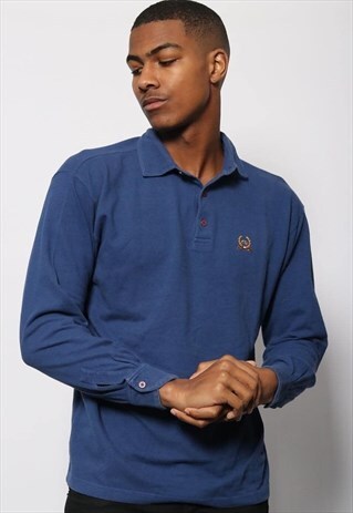 VINTAGE CHRISTIAN DIOR LOGO LONG SLEEVED POLO SHIRT BLUE