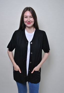 Minimalist linen blouse, vintage black button up shirt