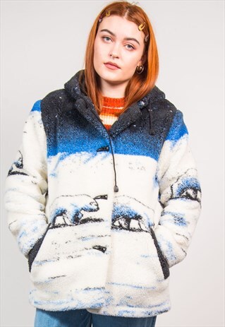 90'S POLAR BEAR WINTER PRINT FLEECE HOODED DUFFLE COAT