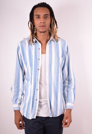 MENS VINTAGE DENIM SHIRT MEDIUM BLUE STRIPES 90S