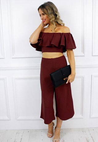 BURGUNDY BARDOT FRILL RUFFLE CROP TOP CULOTTES PALAZZO SET
