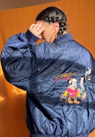 DISNEY BOMBER JACKET SATIN UNISEX EMBORIDERED NAVY BLUE