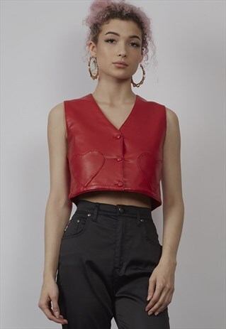 VINTAGE 90'S RED FAUX LEATHER HEART WAISTCOAT