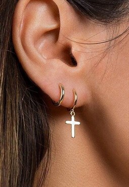 Women's Hoop Hanging Cross Crucifix Gold Plated Earring