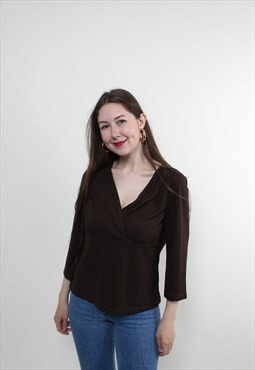 Vintage 90s casual blouse, brown minimalist blouse v neck 