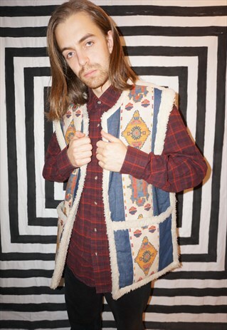 VINTAGE 90S SHERPA FLEECE LINED AZTEC PATTERN DENIM GILET