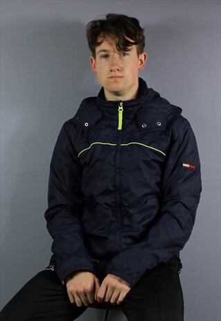 VINTAGE TOMMY HILFIGER HOODED WINDBREAKER RAIN COAT IN NAVY
