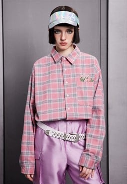 Check shirt long sleeve retro blouse plaid patch top in pink