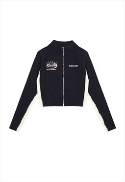 Knitted zip up racing sweater crop motorcycle jumper black