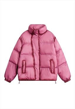 Asymmetric bomber jacket shiny puffer winter coat in pink