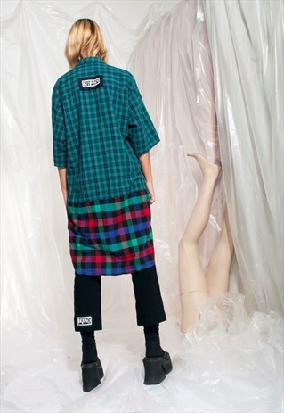 VINTAGE SHIRT DRESS REWORKED CHECKED MIX N MATCH GRUNGE MIDI
