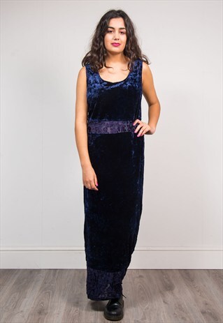 90'S VINTAGE DARK BLUE VELVET MESH PANEL MAXI DRESS