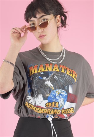 VINTAGE REWORKED CROP TOP IN BROWN WITH MANATEE PRINT
