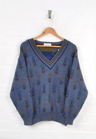 VINTAGE 80S KNITTED JUMPER PATTERNED BLUE MEDIUM