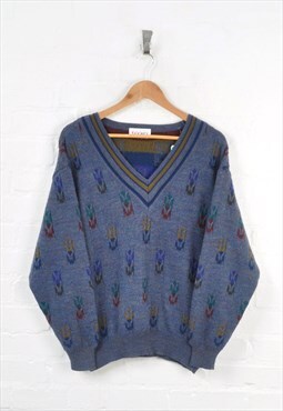 Vintage 80s Knitted Jumper Patterned Blue Medium