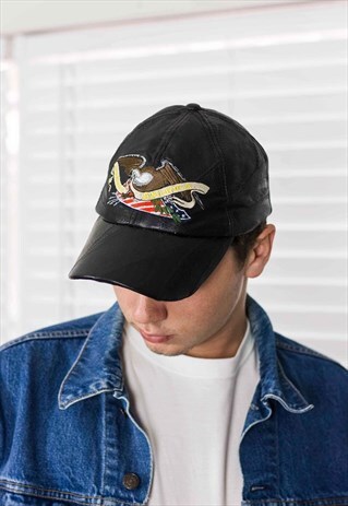 VINTAGE LEATHER BIKER BASEBALL CAP LOGO 90S ONE SIZE 3.9