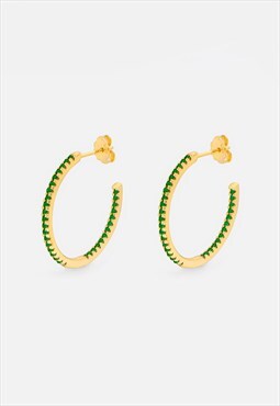 Green Stone Hoop Earrings in Gold