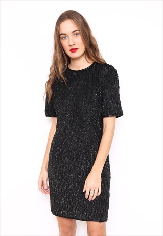 VINTAGE 80S BLACK SILK SEQUIN EMBELLISHED PARTY DRESS